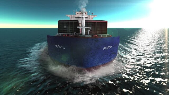 Cargo ship with containers sailing in the open blue sea- Front view 
, Freight Shipping export and import concept, container ship carries cargo across the ocean. Transportation. Delivery. Logistics.
