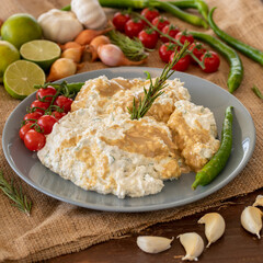 Savory Homemade Mediterranean Baba Ganoush with Olive OIl and Parsley. healty food. muteppel