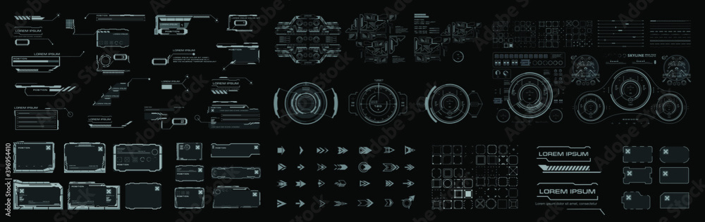 Fototapete Big set elements for the user interface HUD. Frames, callouts, arrows, pointers, scales, bars, navigation targets, complex combined elements for HUD interface. Vector elements
