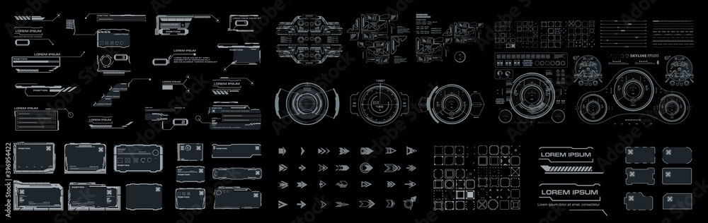 Fototapete Big set elements for the user interface HUD. Frames, callouts, arrows, pointers, scales, bars, navigation targets, complex combined elements for HUD interface. Vector elements