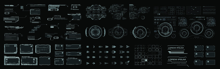 Big set elements for the user interface HUD. Frames, callouts, arrows, pointers, scales, bars, navigation targets, complex combined elements for HUD interface. Vector elements © PALERM089