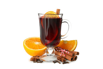 Glass of mulled wine and ingredients isolated on white background