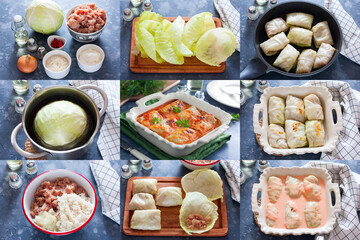 Collage of step by step preparation of white cabbage stuffed cabbage with minced meat, selective focus