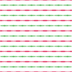 Red and green seamless horizontal striped pattern on white background, vector illustration. Seamless pattern with lines from dots. Christmas geometric background