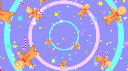 Cartoon Christmas gingerbread man and candy cane pattern background. 3d rendering picture.