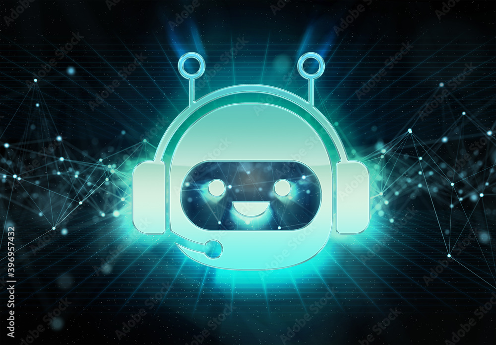 Poster digital chatbot holographic icon bursting into blue and green neon light 3d rendering