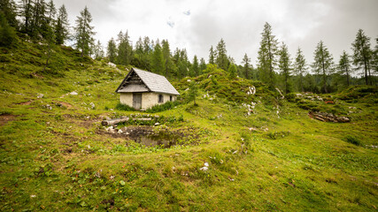 Mountain hut stands near a pine forest covered mountain in the tranquil Julian Alps en route to the Triglav Seven Lakes, Triglav National Park, Slovenia.