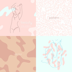 Beauty studio logo design in trendy soft hue. Vector feminine symbol design template minimal line style. Abstract animal skin pattern. Pink seamless background for cosmetic label. Body care insignia.