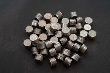 Coins of Malaysia. Financial Planning concept .The coins are arranged in value. Wrapped with clear tape for easy exchange at the shop. © ellinnur