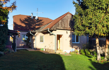 Freshly cut grass with yellow tree in the backyard of a private house