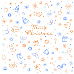 Postcard Merry Christmas with santa hat, snowflakes, gifts, lollipops, Christmas tree, mattens, mistletoe, cup of tee. Vector illustration