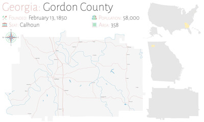 Fototapeta na wymiar Large and detailed map of Gordon county in Georgia, USA. 