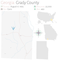 Large and detailed map of Grady county in Georgia, USA.
