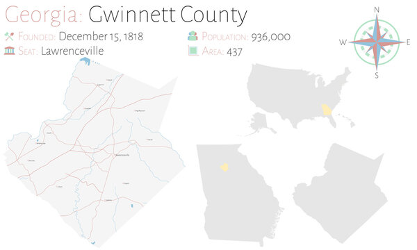 Large and detailed map of Gwinnett county in Georgia, USA.
