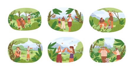Set of different people exploring nature vector flat illustration. Collection of man and woman explorers contemplate to animals, plants isolated on white. Researchers use binocular and magnifier © Good Studio