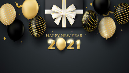Happy new year 2021 . Design with balloons and gift box on black  background . Vector. illustration.