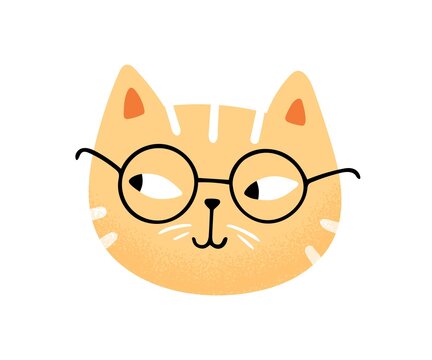Muzzle of funny cute cat in glasses vector flat illustration. Portrait of clever feline character isolated on white background. Avatar of cheerful furry domestic animal. Adorable pet face