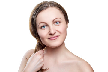 Fototapeta premium Portrait of pretty smiling woman with nude makeup holding hair in hand isolated on white background, copy space. Girl with clean healthy skin, beauty model.
