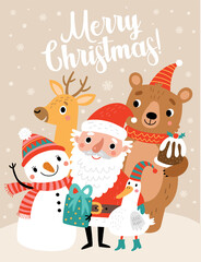 Christmas card with Santa and funny characters