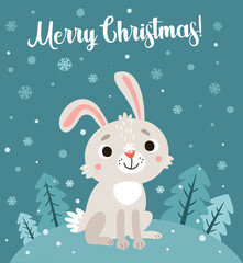 
Cute christmas card with rabbit and snowflakes