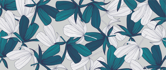 Green tropical leaves wallpaper background vector. Minimal hand drawn line arts design for prints, fabric, wall arts and home decoration.