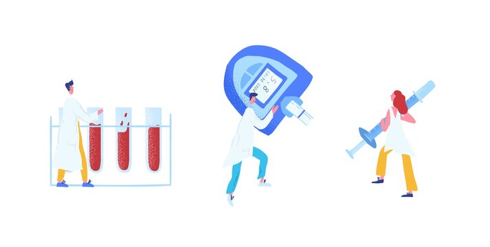 Set of male and female doctors making blood analysis and lab research. Tiny people with huge test tubes, glucose measuring device and syringe or injector on white background. Flat vector illustration