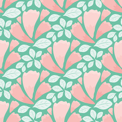 Vector hand drawn garlands of spring blossoms. Seamless pattern background. Backdrop of pink and mint green delicate petals and leaves in diagonal rows. Floral botanical decorative all over print