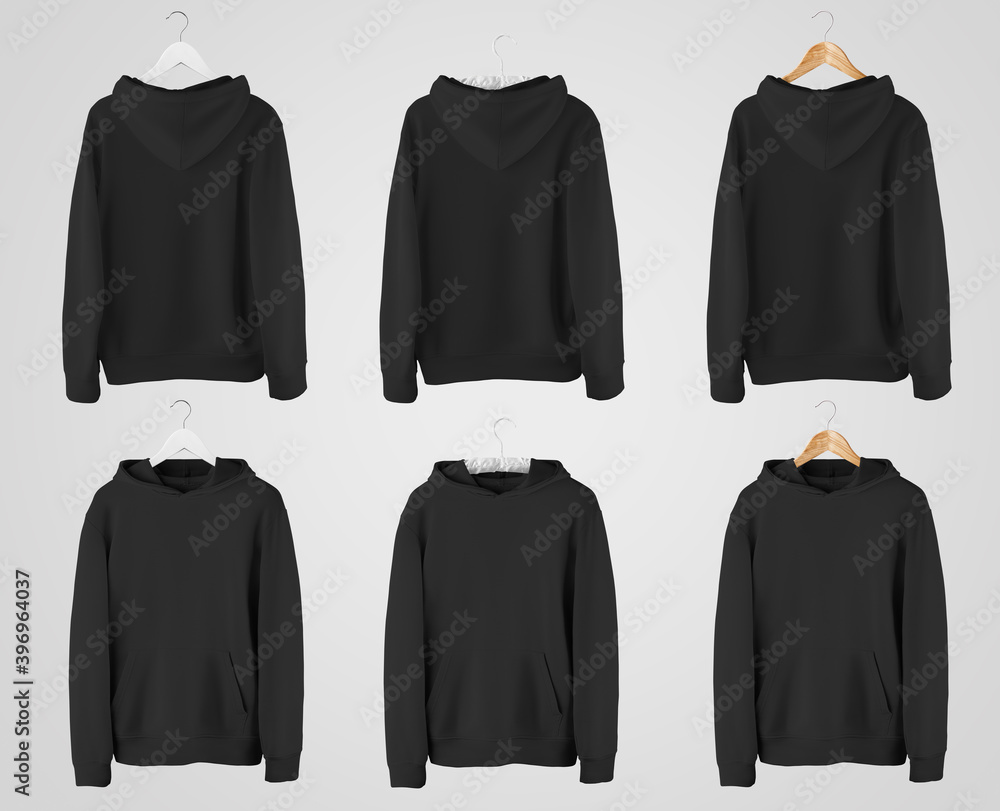 Wall mural Black hoodie template with pocket on a wooden, fabric hanger, blank sweatshirt for design presentation, front, back. - Wall murals