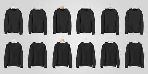 Mockup of a black blank hoodie with a pocket on different hangers, casual sweatshirt for...