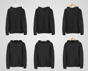 Black hoodie template with pocket on a wooden, fabric hanger, blank sweatshirt for design presentation, front, back.