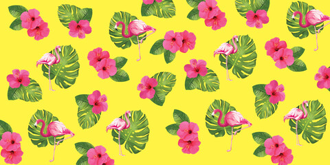 Tropikalny pattern, flamingi, palmy i kwiaty na kolorowym tle.