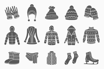 Winter clothing Icons set - Vector silhouettes of scarf, cap, jacket, sweater, coat, mitten, and other clothes for the site or interface