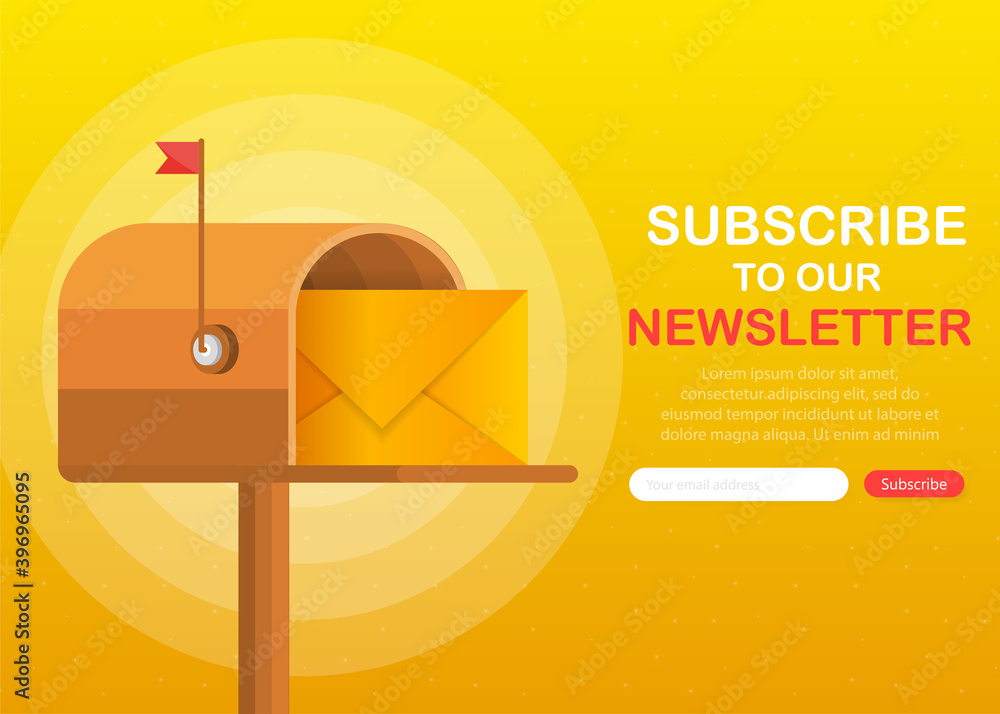 Poster mailbox with a letter inside in a flat style on a yellow background. subscribe to our newsletter. ve