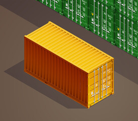 3D Isometric shipping cargo 20 ft container with closed doors. Large metal containers for transportation. Delivery of cargo shipping. illustration