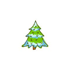 Hand drawn doodle fur-tree. Winter, covered in snow, light blue.
