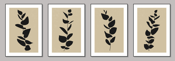Set of minimalist posters with botanical branch and leaves abstract collage