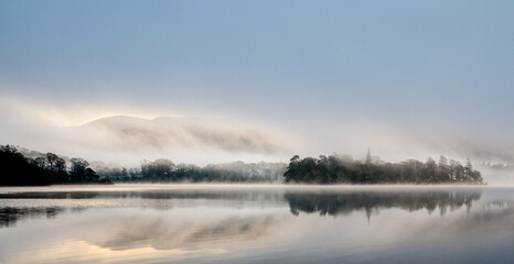 Misty Derwentwater dawn view