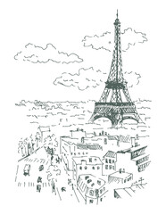 Hand drawn Eiffel tower and streets of Paris, France. Sketch, vector illustration.
