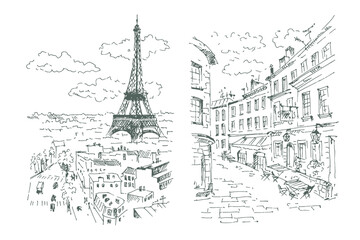 Hand drawn Eiffel tower and streets of Paris, France. Sketch, vector illustration.