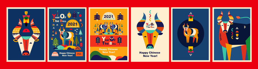 Happy Chinese New Year 2021 vector design. Symbol of 2021 Year the Bull. 2021 Happy New Year template. Vector illustration with colorful Bull in folk style. Calendar design, brochure, catalog, card.