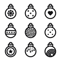 Set of decorated holiday balls, ball on white background, collection. Decoration ornametns for end year holidays. Happy New Year, Xmas, Merry Christmas, tree decors on white background EPS Vector