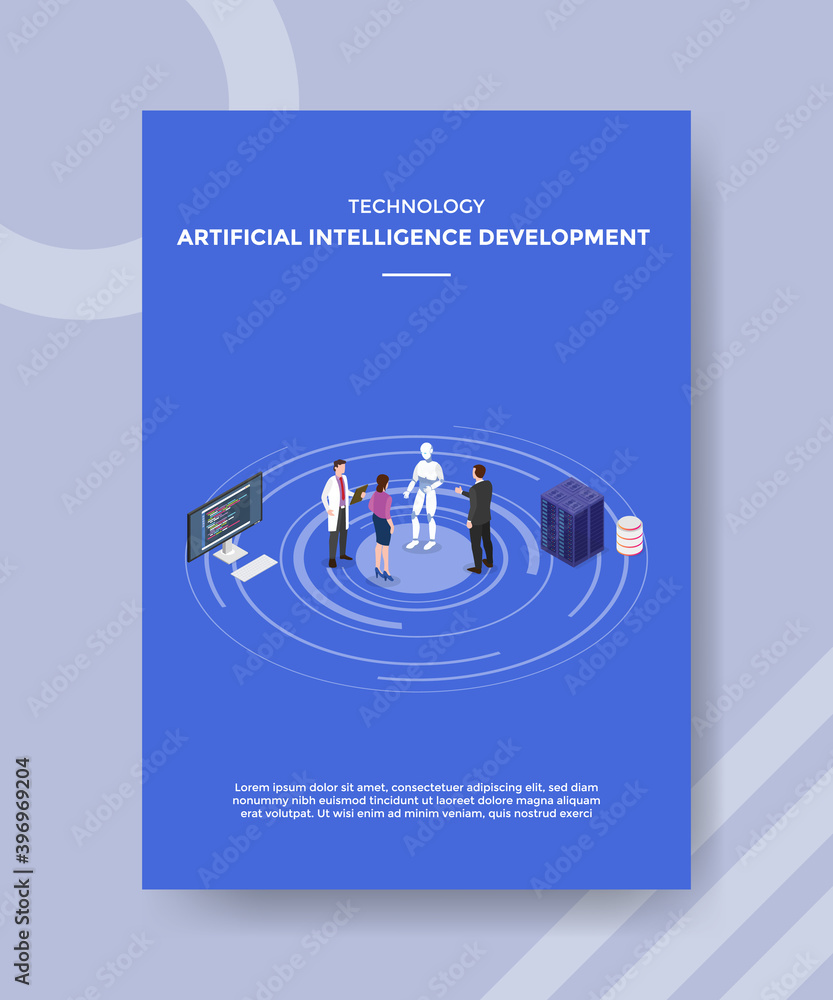Poster technology artificial intelligence development people standing front robot for template flyer and pr