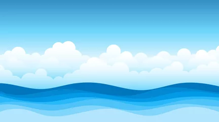 Schilderijen op glas Blue sea wave flowing with white soft clouds cartoon, sky background landscape vector illustration. © Pacha M Vector
