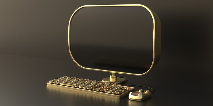 Computer screen mouse and keyboard, steampunk retro futurism style. 3d illustration