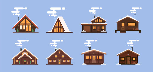 Collection of winter houses. Snow-covered Christmas houses and country cottages, alpine chalet, mountain house. Cartoon style, flat illustration. For websites, wallpapers, posters or banners - obrazy, fototapety, plakaty