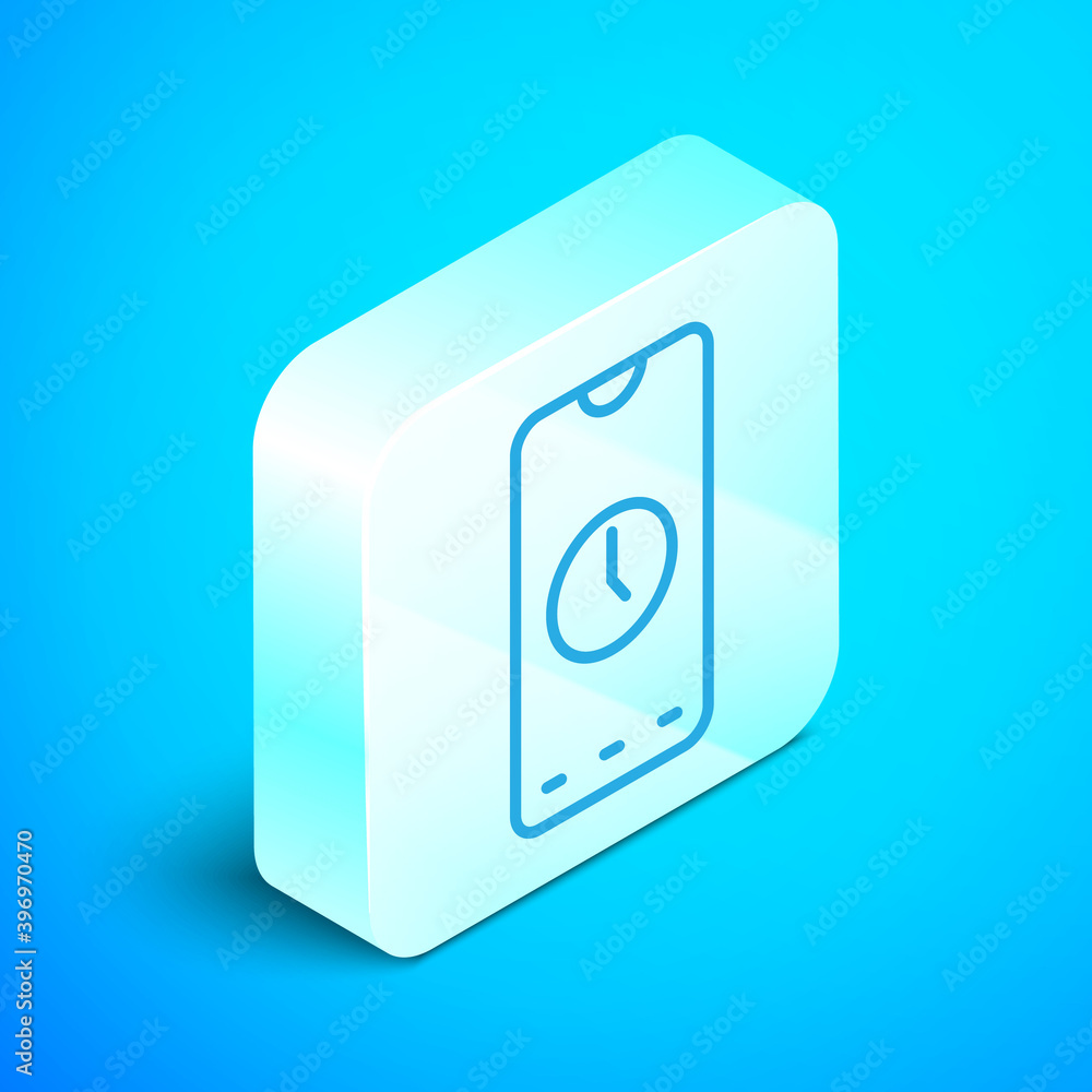 Poster isometric line alarm clock app smartphone interface icon isolated on blue background. silver square 