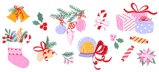 Set of colorful Christmas illustrations isolated on white background. Collection of cute winter stickers. Holiday theme art for greeting card design