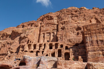 View of the tomb with urn, one of the 5 so-called Royal tombs in Petra. Jordan