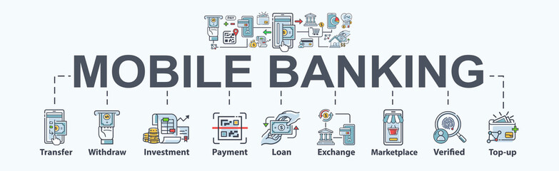 Fototapeta na wymiar Mobile banking banner web icon for business, financial, online payment, mobile app, exchange, marketplace, verify, top up and E-wallet. Minimal vector cartoon infographic.