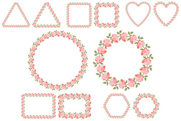 Pink simple flower frame in beautiful style. Spring wedding invitation. Rose blossom, vector design isolated.